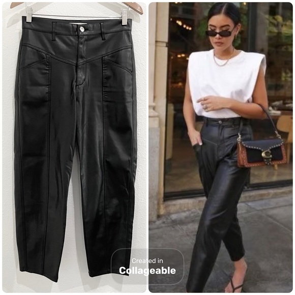 Zara Faux Leather High Rise Chic Black Pants  Contemporary Feminine Trouser - Picture 1 of 10